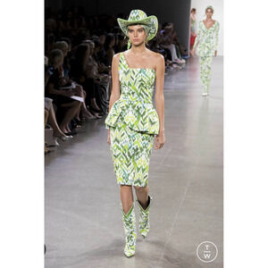 Chiara Boni Chaz Dress Green White‎ Print Sheath One Shoulder Peplum Sz 4